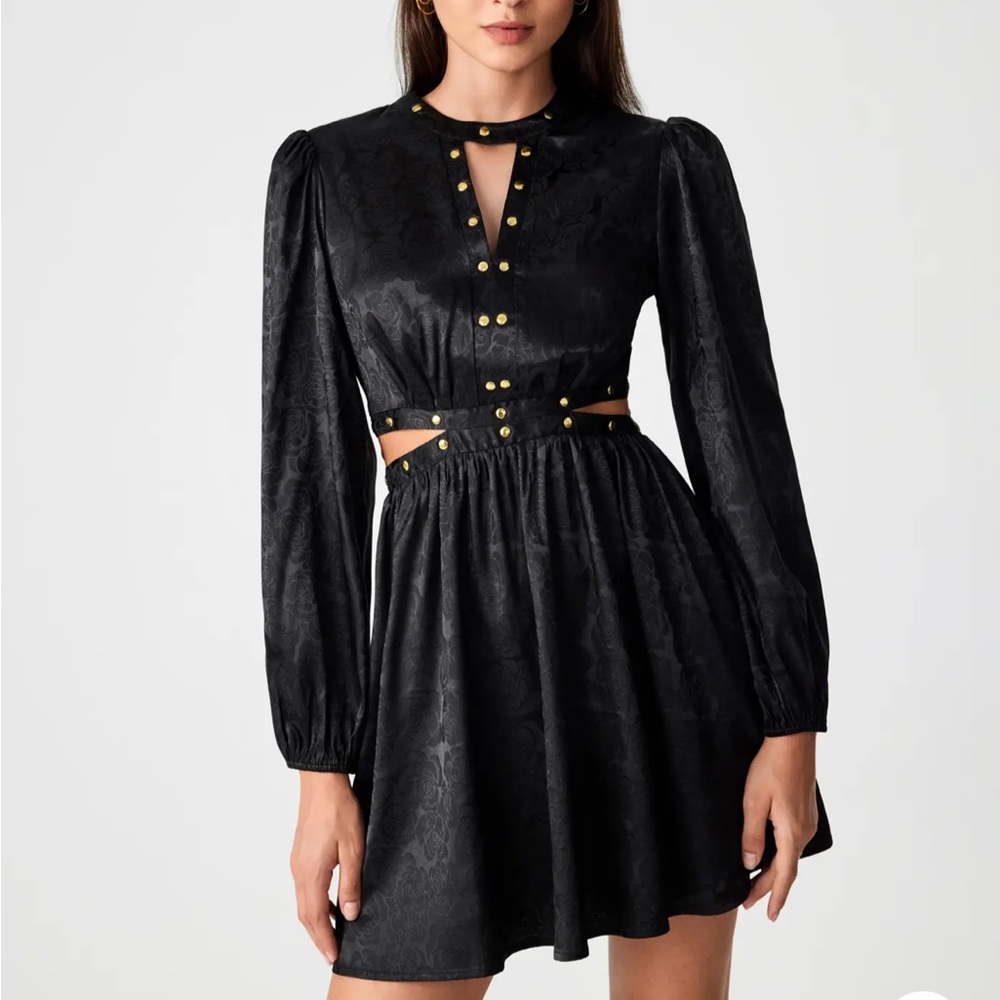 Cider Black Floral Jacquard Cut Out Mini Dress Gold Chain NWT S Going Out